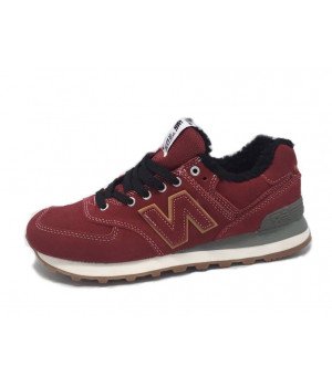 Мужские кроссовки New Balance 574 зимние бордовые с черным мехом 